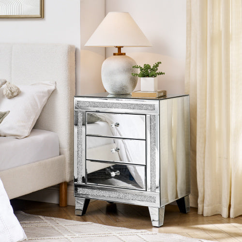 21.5 InchesX 15.8inchesX 26.8inchesSILVER MIRROR THREE-DRAWER CABINET, MULTI-PURPOSE STORAGE CABINET