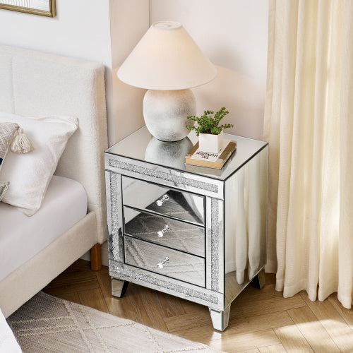 21.5 InchesX 15.8inchesX 26.8inchesSILVER MIRROR THREE-DRAWER CABINET, MULTI-PURPOSE STORAGE CABINET